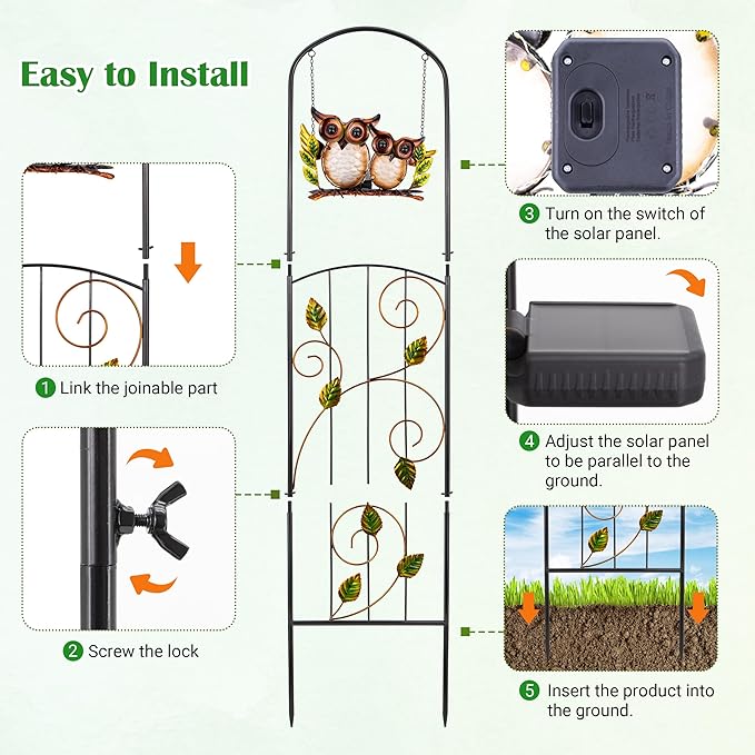Solar-Powered Iron Plant Trellis with Lights,Voumsil Outdoor Garden Climbing Plant Support, Weatherproof Metal Stake for Vine Roses, Decorative Solar Lighting for Patio, Yard, Fence
