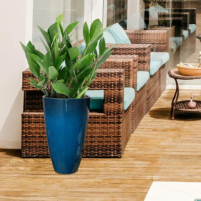 RUBBER BOND Plant Pots 2 Pack - Modern Indoor/Outdoor Planters for Home Decor - Weather-Resistant Large Flower Pots - Lightweight 22 Inches Tall Planters - Blue Glossy Round Pots for Plants