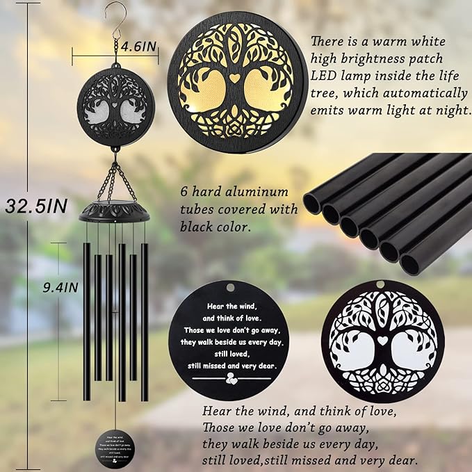 Solar Tree of Life Wind Chimes - Memorial Gift for Mom, Outdoor Garden Decor
