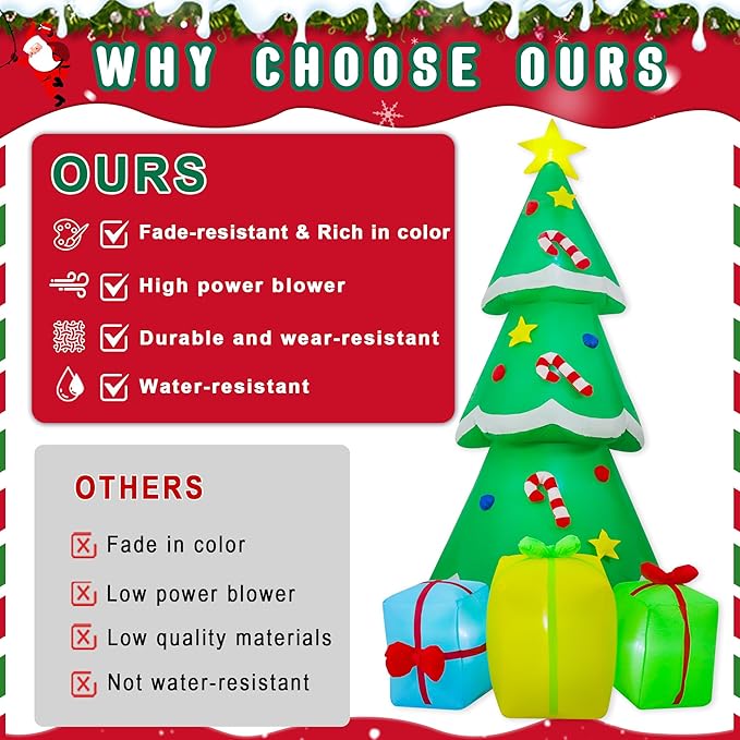 9FT Christmas Inflatables Tree Outdoor Decoration, Indoor Gift Boxes Lighted Party Decoration, Blow Up Decor with Built-in LED Lights Suitable for Lawn/Yard/Garden/Porch