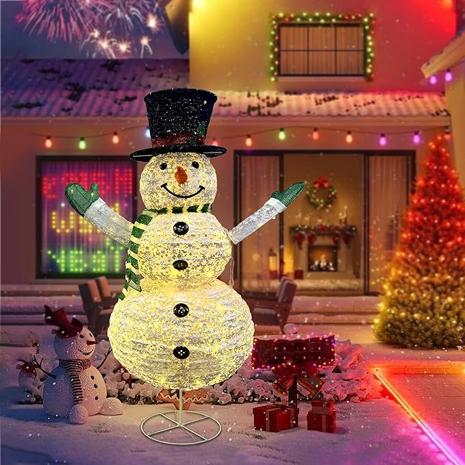 LED Lighted Christmas Snowman Decorations: JALUNIVERSAL TRI 48 Inch Collapsible Snowman Outdoor with 100 LED Lights Plug-in - for Holiday New Year Winter Garden Decor Xmas Home