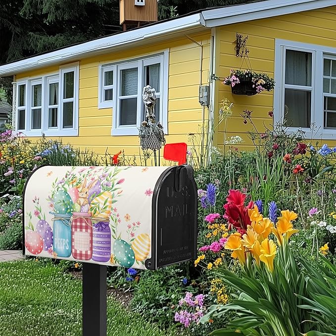 Easter Magnetic Mailbox Cover Bunny Mailbox Covers Standard Size 21x18 in Spring Floral Post Letter Box Cover Waterproof Oxford Outdoor Farmhouse Garden Yard Decor Beautiful Jars Eggs