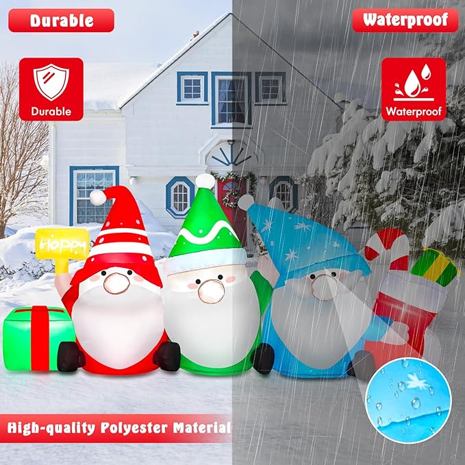 6 FT Long Christmas Inflatable Outdoor Decoration Gnomes with Gift Box & Socks, Funny Merry Xmas Figures Winter Blow Up Yard Decorations Plug in LED Light Up Vacation Outside Front Lawn Garden Decor