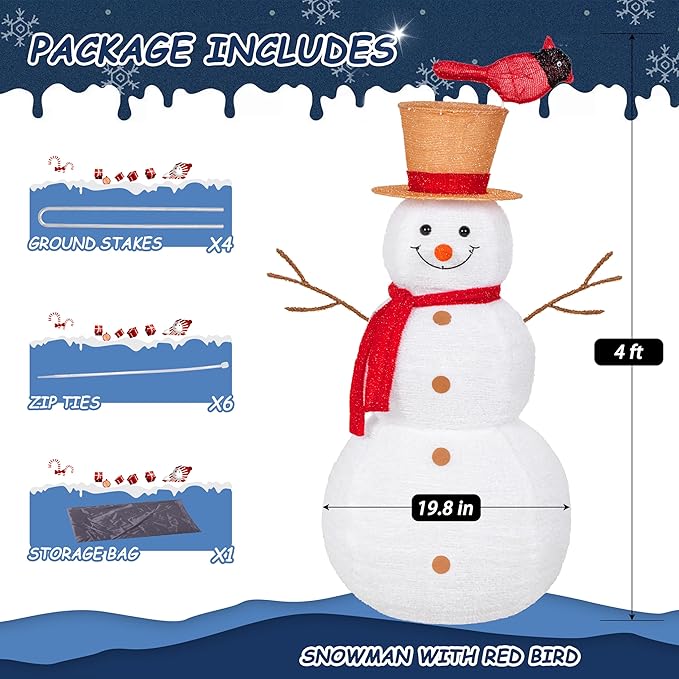 NALONE Lighted Snowman Christmas Decoration, Cool White Collapsible Snowman with LED Lights and Timer for Outdoor Yard Home (4FT)