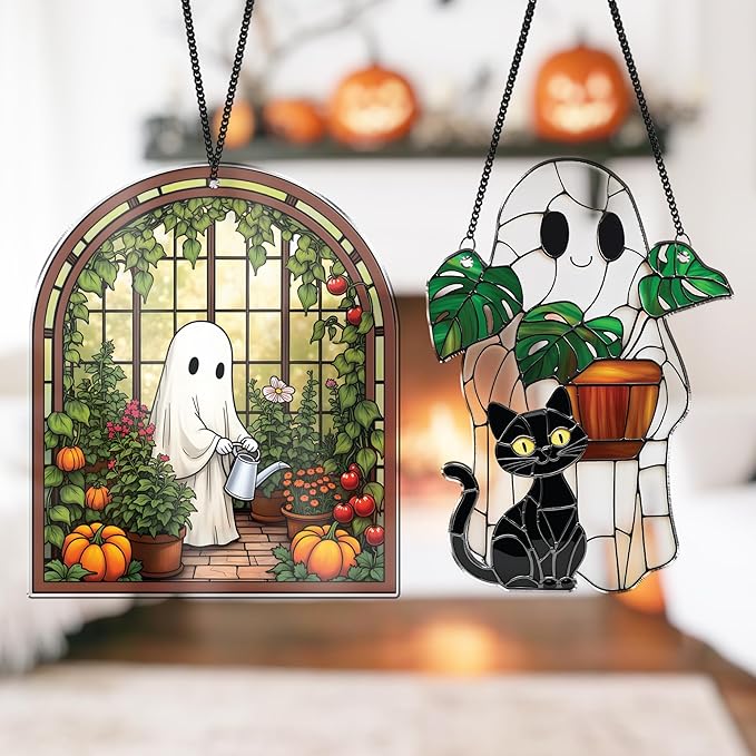 2 Cute Halloween Suncatcher Decorations, Spooky Cute Ghost Plant Window Hangings, Ghost with Black Cat Greenhouse, Pumpkin Ornaments Home Garden, Gifts for Plant Lovers, Women