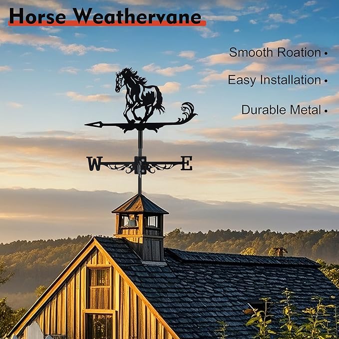 Black Metal Weathervane,Stainless Steel Horse Weather Vane Roof Mount, Wind Direction Indicators Wind Measuring Tool Outdoor, Wind Vane Ornament Decoration for Shed Garden Yard Farmhouse Patio Decor
