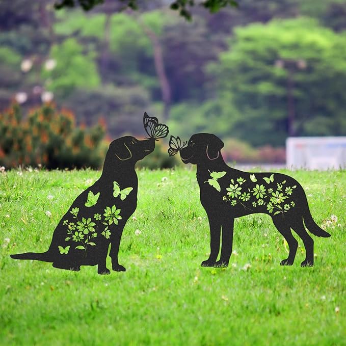 Dog Metal Garden Stakes - Animals Stake Garden Decor 2 Pcs Black Dogs Silhouette Statues Butterfly Gifts for Yard Art Decorations Dog Lovers Gift Patio Lawn Garden Decorations Outdoor Decor