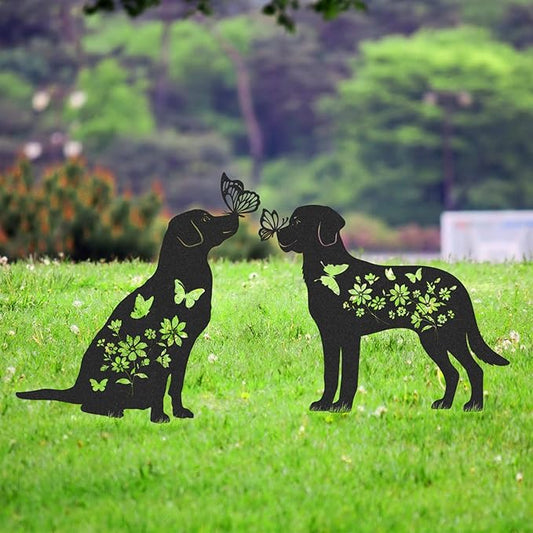 Dog Metal Garden Stakes - Animals Stake Garden Decor 2 Pcs Black Dogs Silhouette Statues Butterfly Gifts for Yard Art Decorations Dog Lovers Gift Patio Lawn Garden Decorations Outdoor Decor