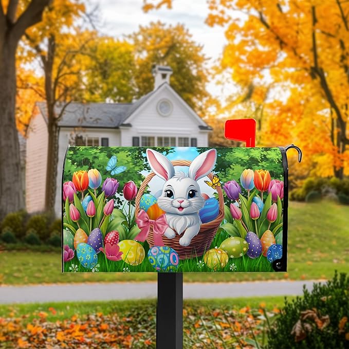Easter Mailbox Covers Magnetic Rabbit Mailbox Cover Spring Colorful Tulips Post Letter Box Cover Outdoor Garden Holiday Decoration 21x18 in Eggs
