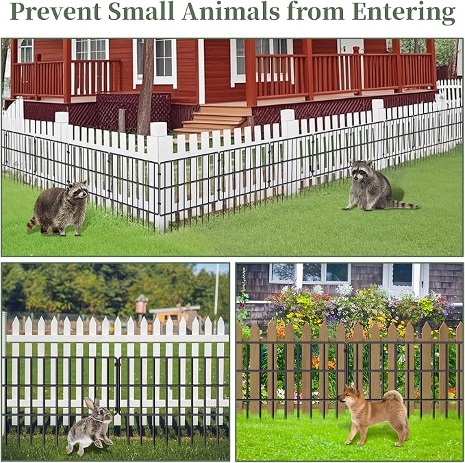 10 Panels Garden Animal Barrier Fence, 10.8ft(L) x 12in(H) No Dig Decorative Fence, 1.2in Spike Spacing Rustproof Metal Garden Fence Border for Dogs Rabbits, Bottom Blocker for Outdoor Yard Patio