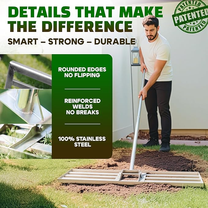 Oris Garden® Lawn Leveling Rake 30 inch - Ground Leveler for Yard, Sand, Soil, Grass - Dirt Leveling Tool, Heavy Duty Stainless Steel rakes for Golf, Grading, Gravel (30" Leveling + Thatch Rake)