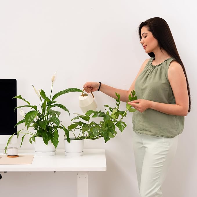 UNBREAKABLE Plant Pots Set of 2, Advanced Eco-Poly Planters with Drainage & Saucers, 6.5" + 5.5" Plastic Pots - Designer Indoor & Outdoor Décor and a Great Gift for Plant Lovers - Ventura Mist White
