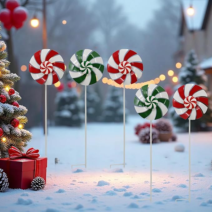 5pcs Wind Spinners Metal Colorful Flowers Garden Stake, Christmas Lollipop Pinwheels, 27" Metal Windmill Yard Art Lawn Ornaments Outside Decorations, Christmas Outdoor Decorations Gift
