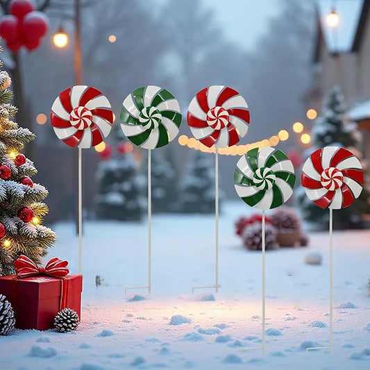 5pcs Wind Spinners Metal Colorful Flowers Garden Stake, Christmas Lollipop Pinwheels, 27" Metal Windmill Yard Art Lawn Ornaments Outside Decorations, Christmas Outdoor Decorations Gift