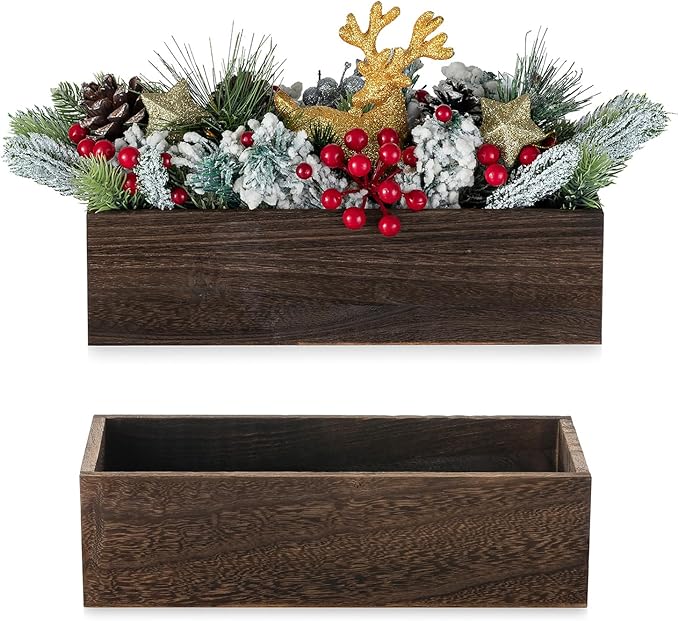 NUPTIO Wooden Box Centerpiece for Table: 2 Pcs 11.8" Long Wood Rectangle Planters - Farmhouse Flower Vase for Fall Wedding Dining Living Room Window Mantel Table Decor