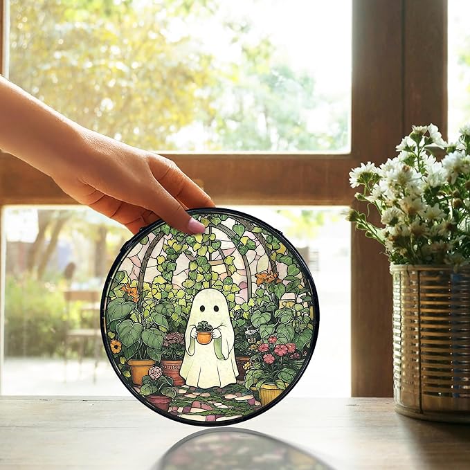 TNUW Halloween Ghost Stained Glass Window Hanging, Halloween Ghost Plant Sun Catchers Indoor Window Glass Round Wall Art Decor, Plant Lover Gifts for Women Wall Hanging Decorations, 7.9＂x7.9＂