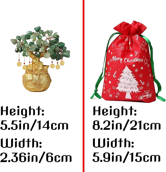 Money Tree – Feng Shui Love & Wealth Golden Bag Bonsai Lucky Gemstone Home Office Decor (14cm Height) (Green Gift)