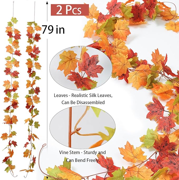 Mizii 2 Strands Artificial Maples Vines Garland 79" Fake Vine Silk Maple Leaves Faux Hanging Fall Garland for Fall Decor Thanksgiving Porch Mantle Fireplace Farmhouse Harvest Decorations (Maple)