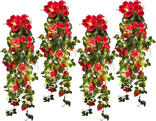 RECUTMS 4 Pack Artificial Plants Fake Hanging Flowers Faux Ivy Vines with LED Fairy Lights Plastic Outdoor UV Resistant for Home Window Garden Office Patio (Rose red)