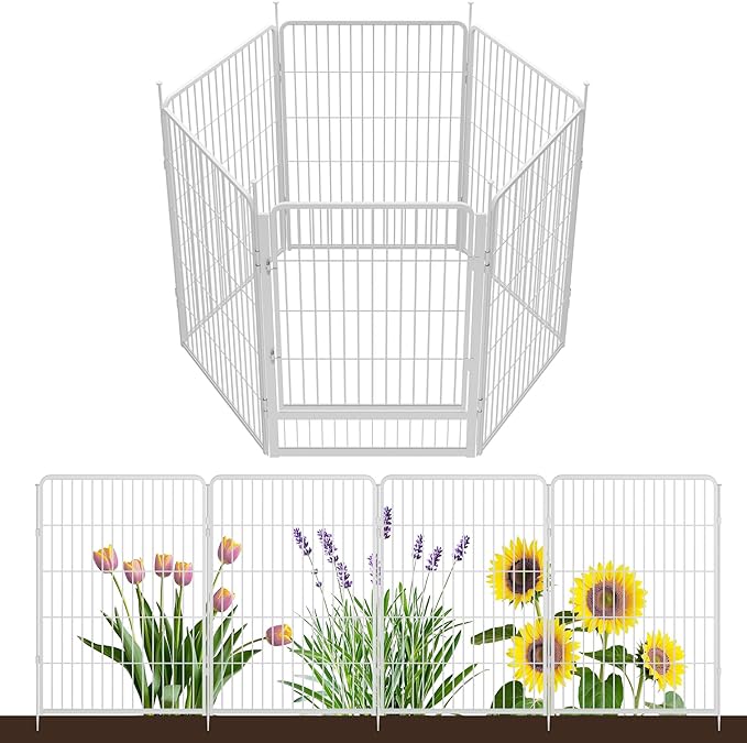 SunsGrove Tall Garden Fence with Gate, 40 in(H) x 13.4 ft(L) 6 Panels Heavy Duty Metal Animal Barrier Fence for Yard, Suitable for Indoor or Outdoor Dog Pet Fence, Garden Fence Border, White