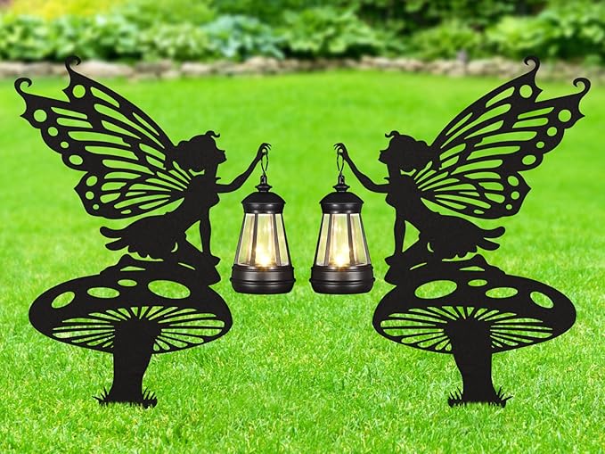2Pack Solar Outdoor Garden Lights Stakes Solar Metal Flower Fairy Lawn Deco Statue Flower Fairy Patio Garden Decorative Stakes with Solar Lantern Christmas Birthday Gifts for Women Mom and Grandma