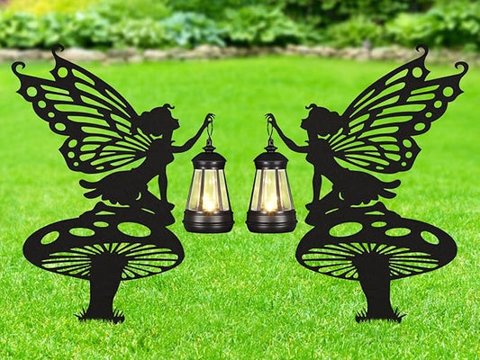 2Pack Solar Outdoor Garden Lights Stakes Solar Metal Flower Fairy Lawn Deco Statue Flower Fairy Patio Garden Decorative Stakes with Solar Lantern Christmas Birthday Gifts for Women Mom and Grandma