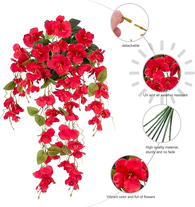 Artificial Hibiscus Fake Hanging Flowers Plants for Outdoors Spring Summer Decoration, 2pcs Red Silk Hibiscus Long Trailing Vines UV Resistant Realistic Faux Flower for Outside Front Door Porch Patio