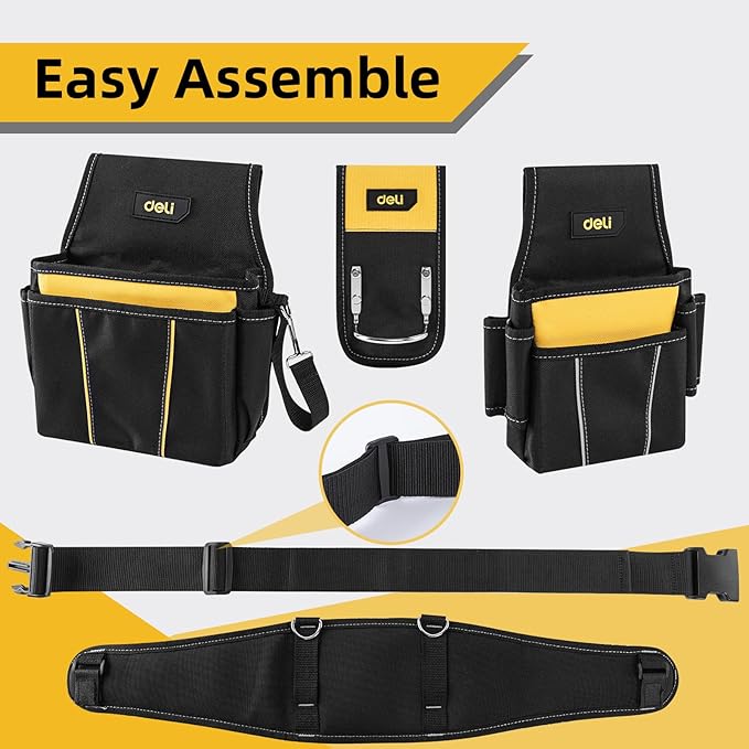 DELI 22 Pocket Black and Yellow Heavy Duty Tool Belt for Man, Construction Tool Belt, Work Apron, Tool Pouch, with Poly Web Belt Quick Release Buckle Adjustable Max Up to 50"