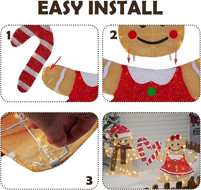 TW SHINE Christmas Outdoor Decorations Yard, Set of 2 Lighted 2D Gingerbread Man with 90 Warm White Lights, Light Up Gingerbread Man Couple for Xmas Holiday Front Garden Patio Lawn Display