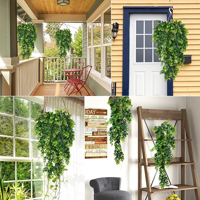 RECUTMS 4 Pack Artificial Hanging Plants Faux Eucalyptus Leaf Greenery Fake Plant for Wall House Room Patio Indoor Outdoor Home Shelf Office Decor (Green)