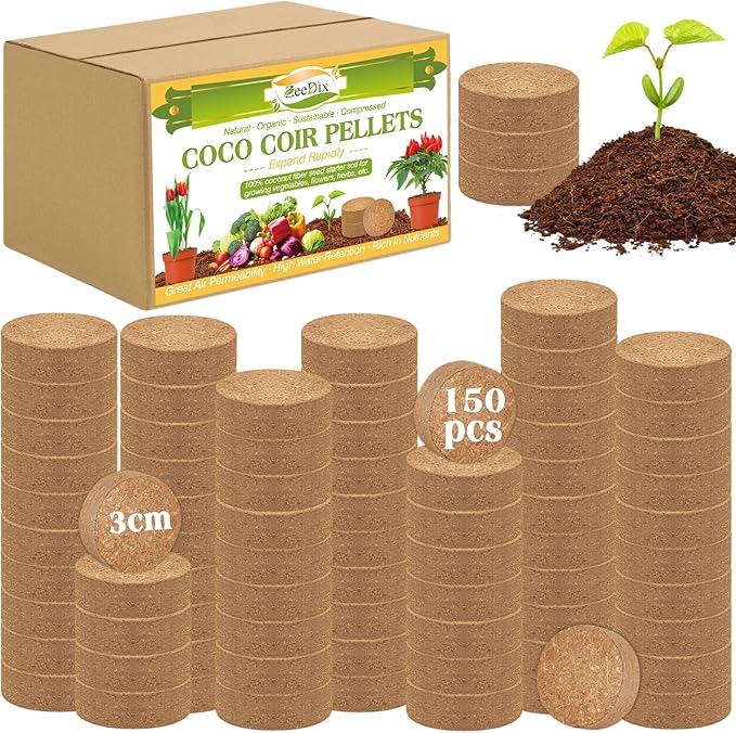 ZeeDix Coco Coir Potting Soil, 150pcs 30mm Compressed Coconut Fiber Seed Starter Soil Pellets, Coco Peat Soil Discs for Indoor Outdoor Plants, Herbs, Houseplants, Flowers, Succulents, Vegetables