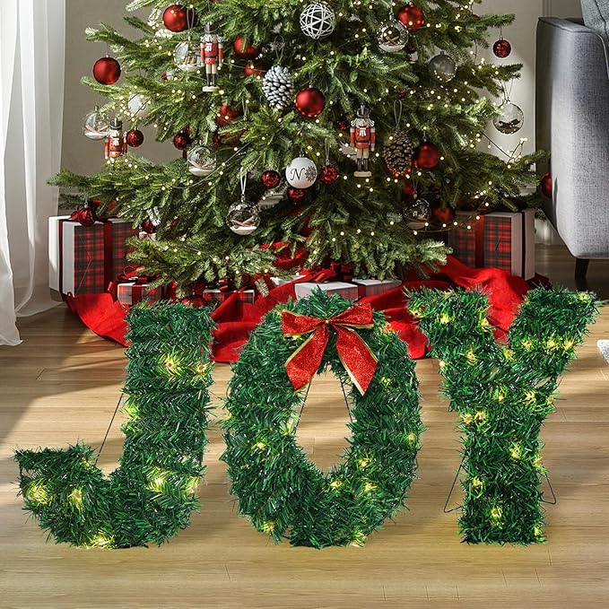 3 Piece Outdoor Joy Christmas Decoration, Lighted Joy Yard Signs Yard Lights Display Set for Christmas Outdoor Patio Lawn Green Decor