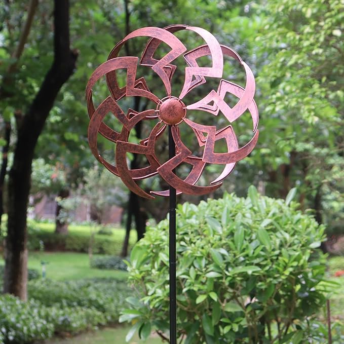 Garden Wind Spinner Outdoor Decor, Dual Rotating Blades Kinetic Sculpture with Artistic Geometric Design, Durable Metal Yard Art 63x13 Inch
