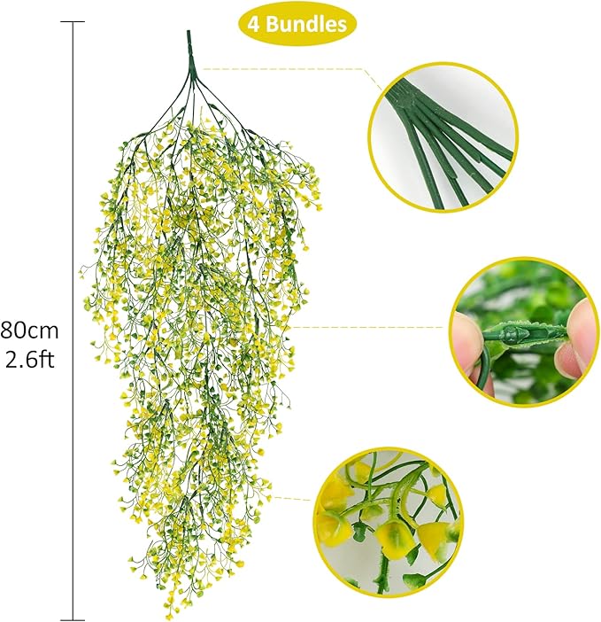 RECUTMS 4 pcs Artificial Hanging Plants Fake Hanging Plants Hanging Flowers Artificial Decor Fake Vines with Fake Flowers Indoor and Outdoor Decoration（Yellow）