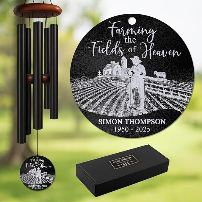 Personalized Farmer Memorial Wind Chime – “Farming The Fields of Heaven” Custom Name & Years – White Engraved Outdoor Sympathy Gift for Loss of Loved One – Rustic Farm Tribute Windchime