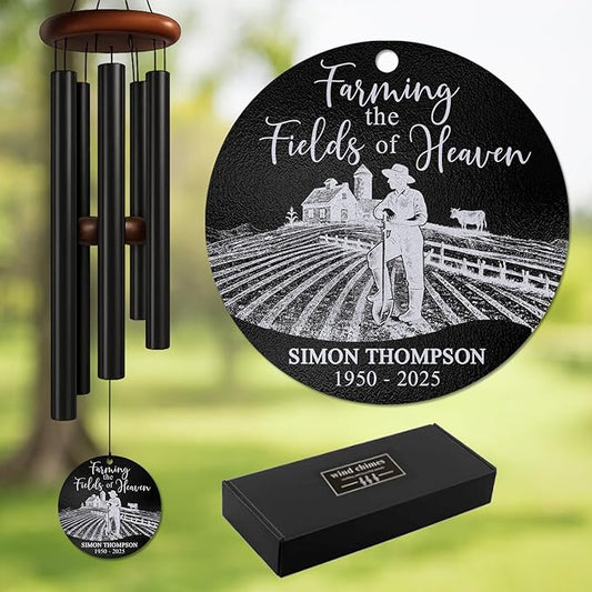 Personalized Farmer Memorial Wind Chime – “Farming The Fields of Heaven” Custom Name & Years – White Engraved Outdoor Sympathy Gift for Loss of Loved One – Rustic Farm Tribute Windchime