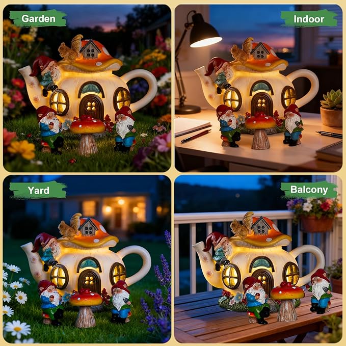 Solar Fairy Garden House Lights - Mushroom Teapot Gnome House Statue Set with 2 Mini Gnomes and 1 Mushroom Figurines, Outdoor Garden Decor, Gift for Gardeners and Moms (Set)