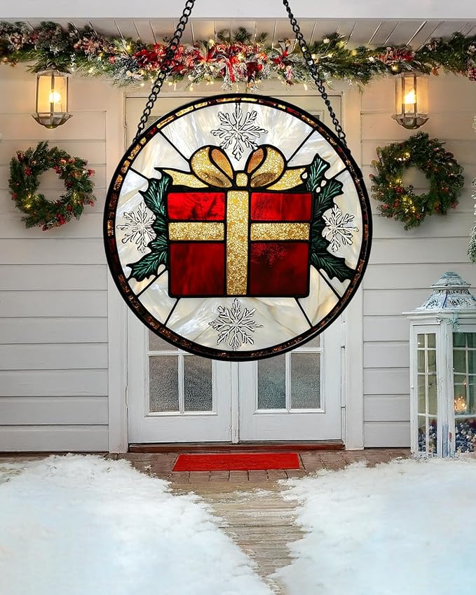 Stained Glass Window Hanging - Snowflake Gift Box Suncatcher for Doors Home Christmas Decoration Winter Sun Catcher Thanksgiving New Year Birthday Gifts for Women Men Mom Nana Girl 7.8 in