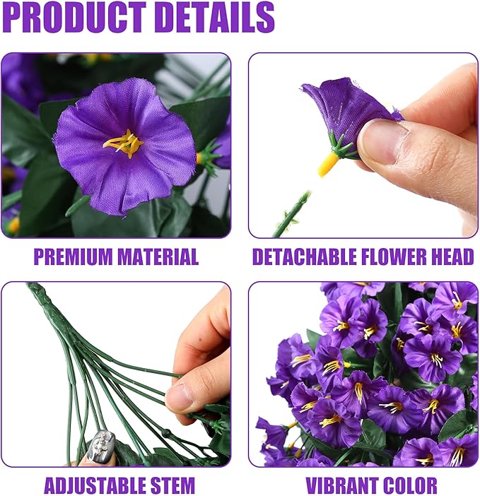 Sggvecsy Artificial Fake Hanging Flowers Plants for Outdoor Outside Spring Summer Decoration 2PCS Faux Silk UV Resistant Realistic Morning Glory Trailing Vines for Home Porch Patio Balcony(Purple)