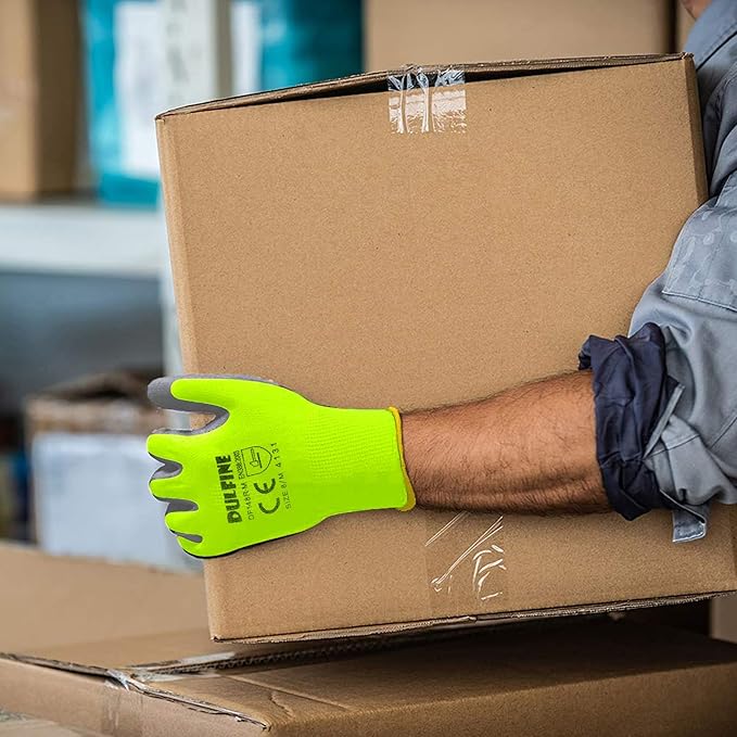 DULFINE Safety Work Gloves for Men PU Coated 12 Pairs Bulk Pack,Hi-Vis Yellow Seamless Knit Glove with thin Polyurethane Coated Smooth Grip on Palm & Fingers,Ideal for General Duty Work X-(Small)