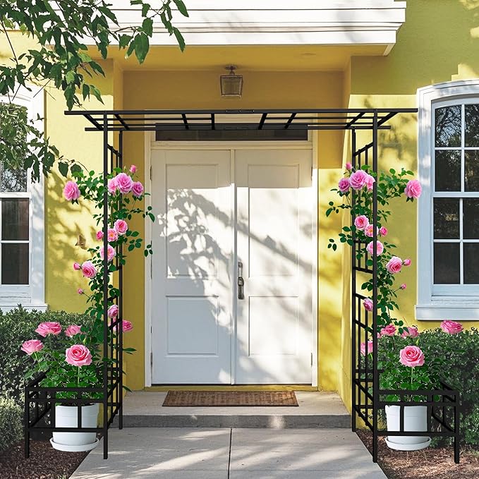 Metal Garden Arch with Plant Box Adjustable Width W68.11'' ~W94.29'' Garden Trellis Climbing Plants Support Rose Arch Outdoor Wedding Party Events Archway,Black