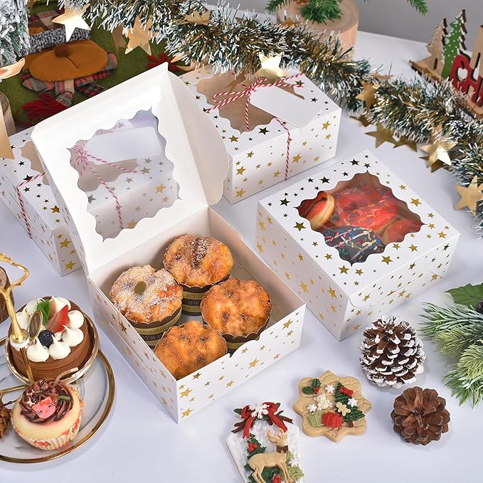 32Pcs 6x6x3 in Christmas Cookie Boxes with Window, White Bakery Boxes for Cookie, Treat Boxes Pastry Boxes for Gift Giving, Chocolate Covered Strawberries, Dessert, Donut, Cupcakes Muffins