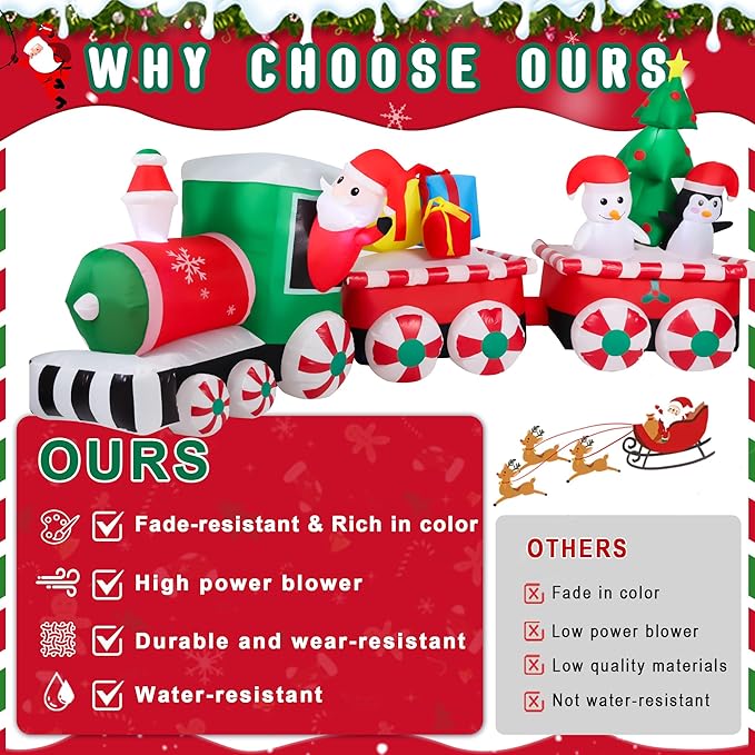 12FT Long Christmas Inflatables Decorations, Outdoor Santa Train Decoration, Giant Blow Up with with Built-in LED Lights for Yard Garden Lawn Holiday Decor