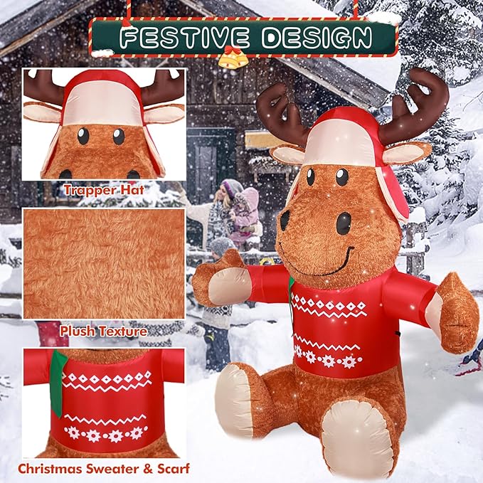 6 FT Christmas Inflatable Outdoor Decorations, Inflatables Plush Reindeer Yard Decor with Christmas Hat & Sweater, Built-in LED Lights Blow up Xmas Deer Holiday Decorations for Outside Lawn Garden