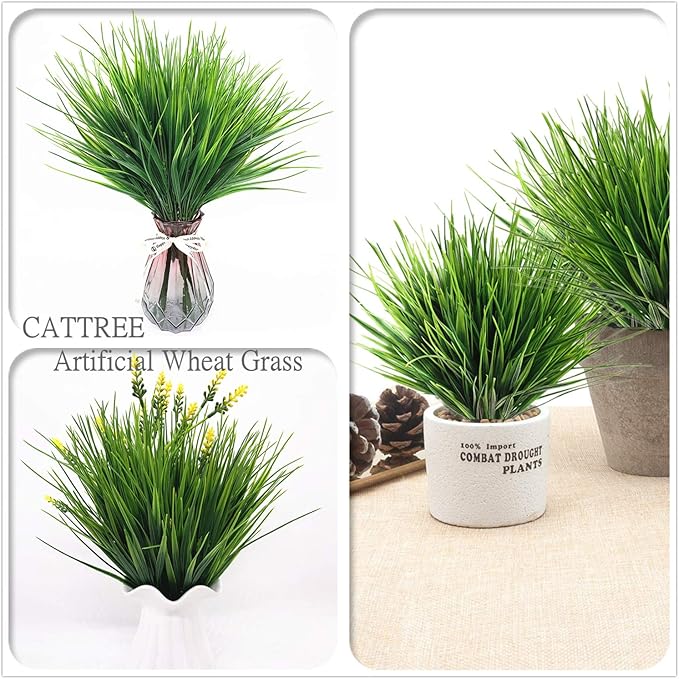 CATTREE Artificial Shrubs Bushes, Plastic Wheat Grass Green Leaves Fake Plants for Indoor Outdoor Home Garden Verandah Kitchen Office Wedding Arrangements Christmas Decoration 8 Pack