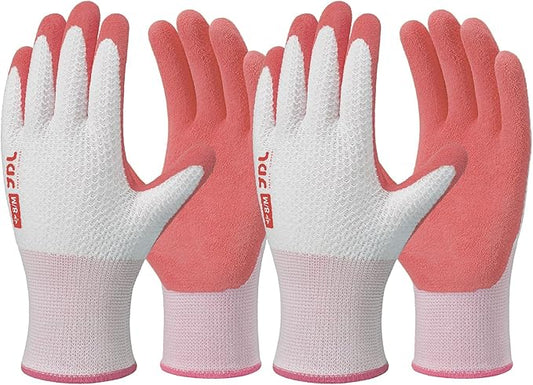 JDL Gardening Gloves for Women, 2 Pairs Breathable Latex Coated Yard Garden Gloves, Rubber Outdoor Protective Work Gloves with Grip, Pink, Medium Size