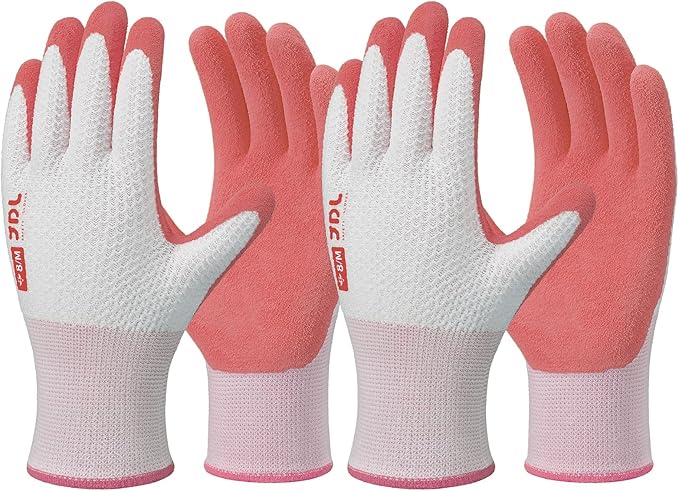 JDL Gardening Gloves for Women, 2 Pairs Breathable Latex Coated Yard Garden Gloves, Rubber Outdoor Protective Work Gloves with Grip, Pink, Large Size