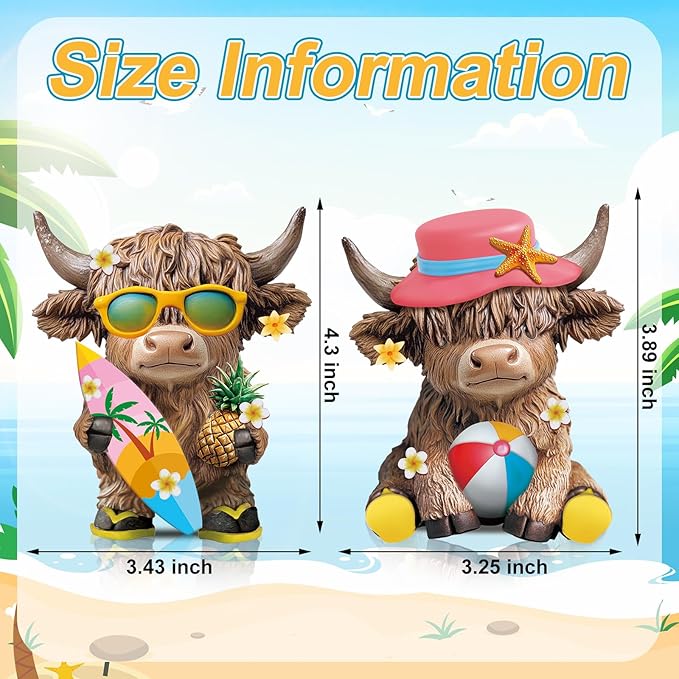 Karenhi 2 Pcs Highland Cow Figurines Summer Beach Seaside Coastal Highland Cow Gnomes Scottish Resin Statue Calf Lovers Gifts for Summer Home Garden Kitchen Office Tiered Tray Table Decor