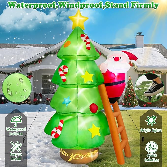 7 FT Tall Large Christmas Inflatables Santa Claus Tree Outdoor Decorations, Build-in LEDs Funny Xmas Blow Ups Yard Decoration for Winter Holiday Outside Garden Lawn Patio Indoor Party Inflated Decor