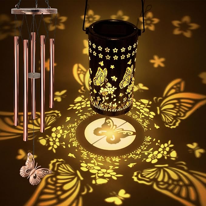 Wind Chimes for Outside Solar Lanterns Wind Chimes Outdoor Gifts for Women Grandma Christmas Decor (Butterfly Flower)